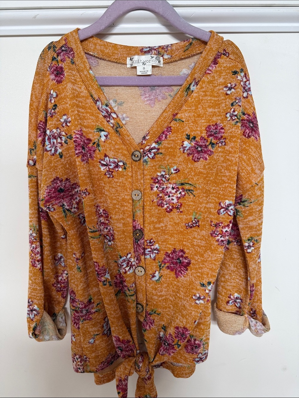 Knitworks Mustard Floral Tie-Front Cardigan